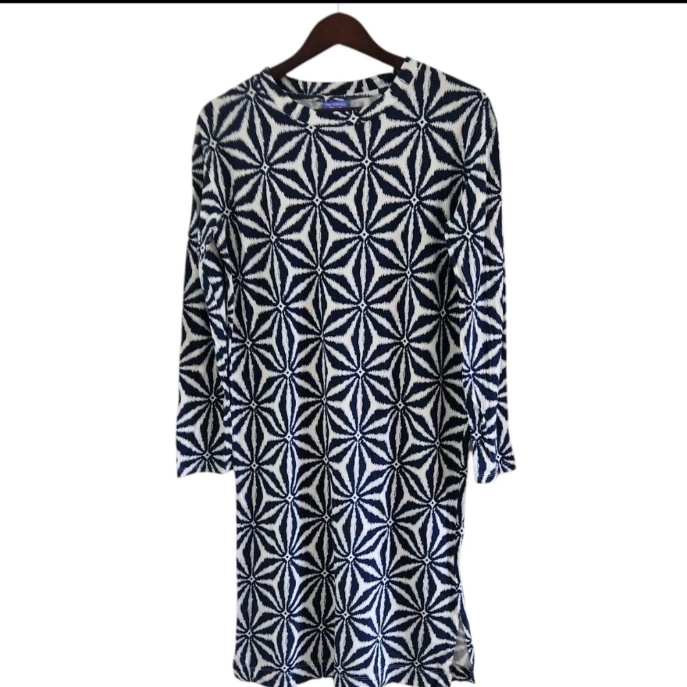 Pine Cone Hill Blue White Pattern Dress Long Sleeves Womens Size XS S